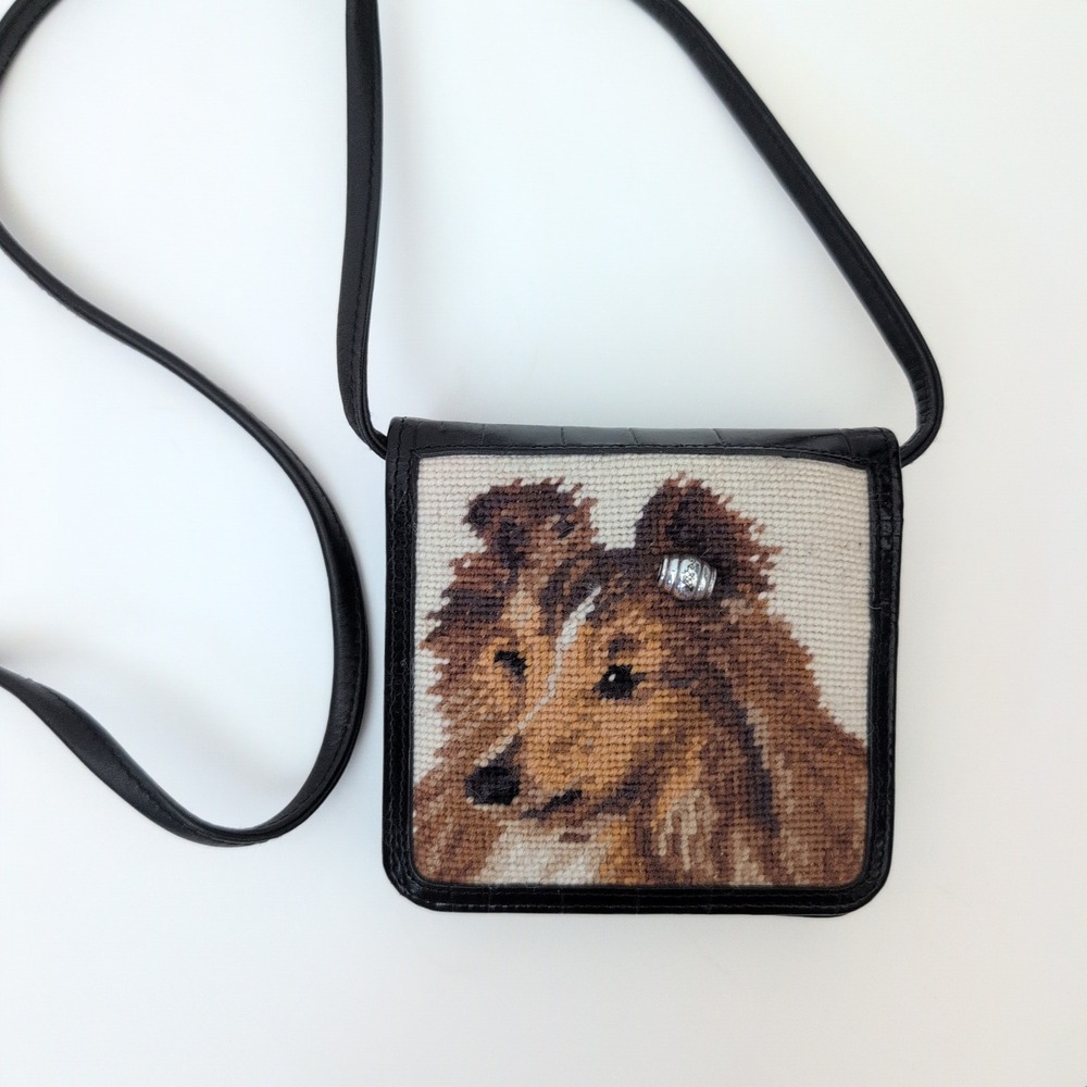 Brighton VTG Sheltie Collie Dog Needlepoint Cross Stitch Crossbody Wallet Bag